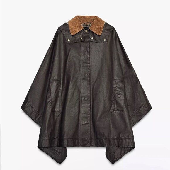 Zara Jackets & Blazers - NWT ZARA COLLECTION 2025 WAXED CHOCOLATE BROWN CAPE WITH CORDUROY COLLAR  SIZE M